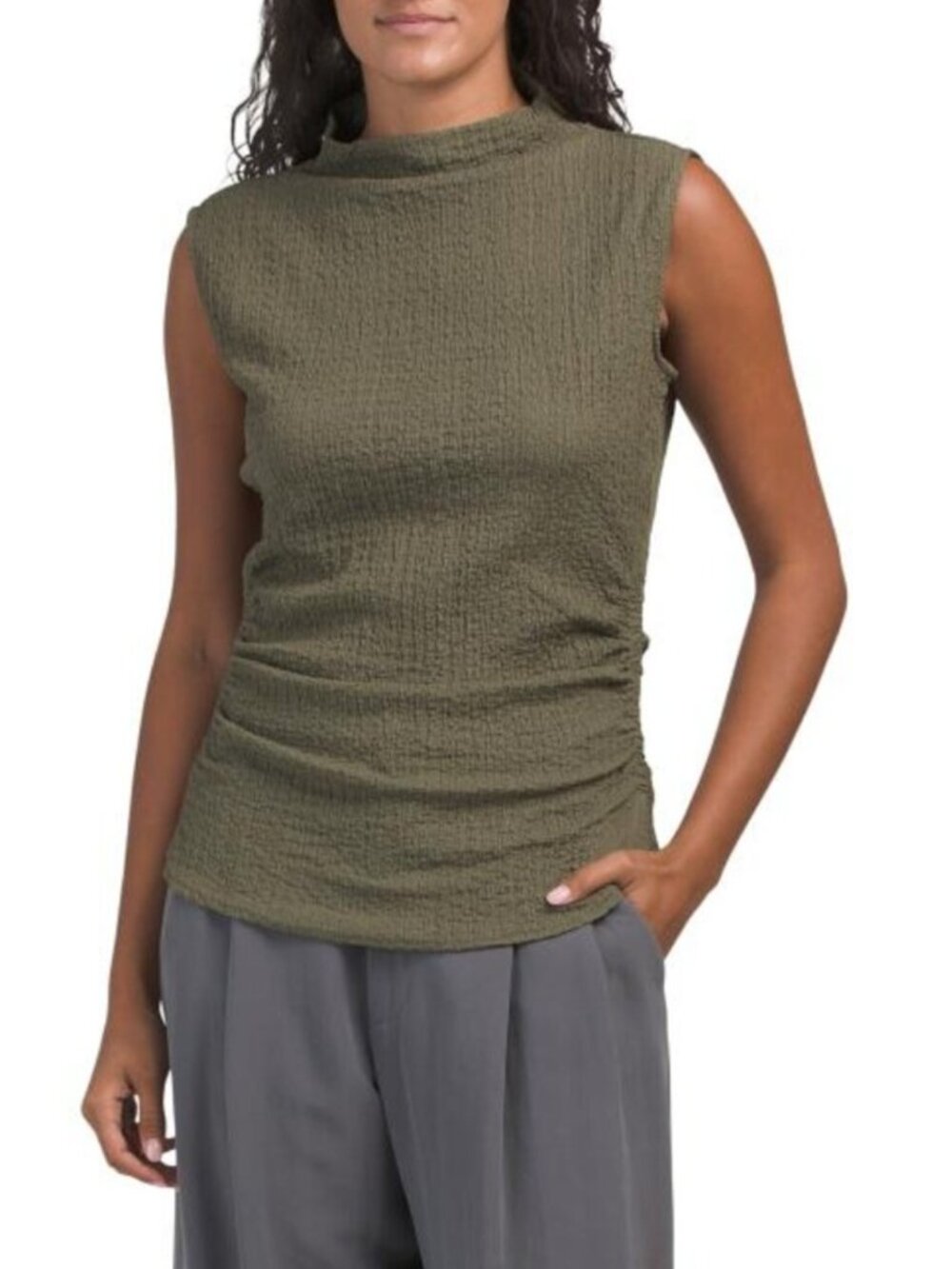 MODERN WORKS High Neck Ruched Sides Sleeveless Top